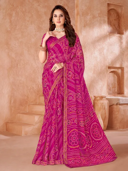Rani pink printed chiffon with unstitched blouse