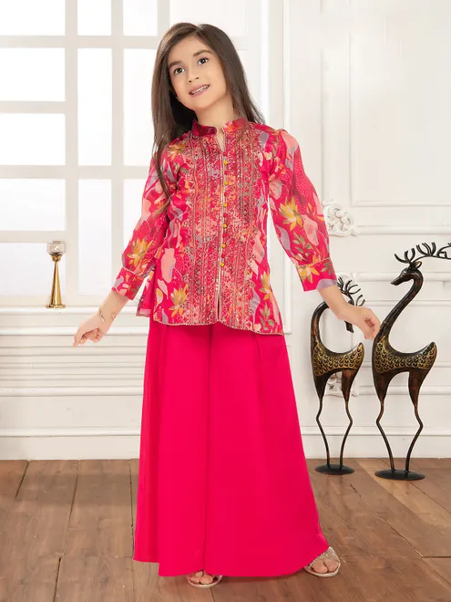 Rani pink printed silk palazzo suit with resham work
