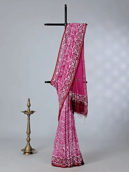 Rani pink printed tusser silk saree for festive