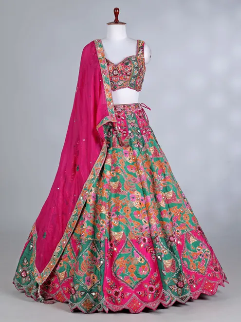 Rani pink raw silk lehenga choli with dupatta for women