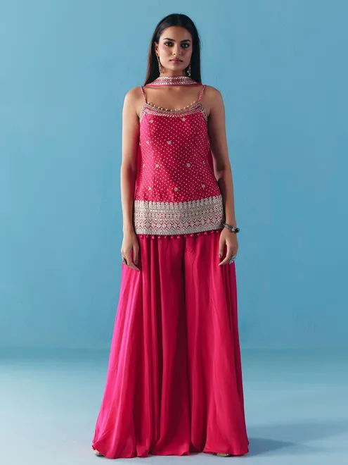 Rani pink satin silk palazzo suit for wedding wear