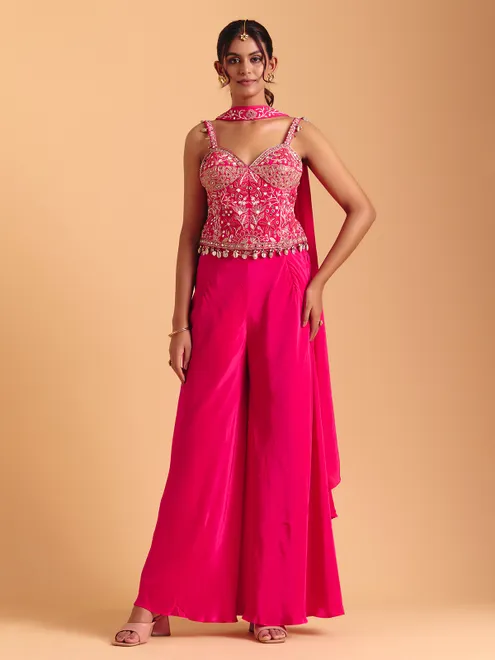 Rani pink satin silk palazzo suit with dupatta