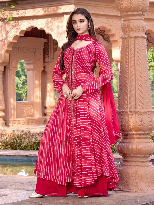 Rani pink silk anarkali palazzo suit with aabla detailing