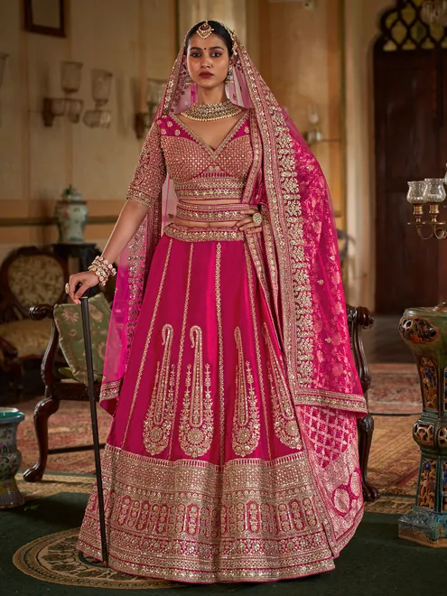 Rani pink silk bridal lehenga choli with beads work