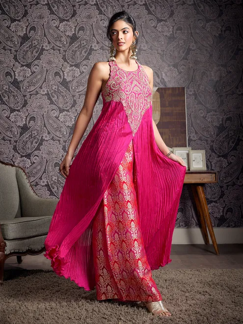 Rani pink silk embellished palazzo suit