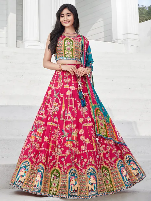 Rani pink silk lehenga choli with aabla work dupatta