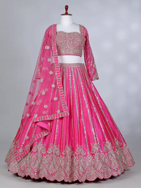 Rani pink silk mirror work lehenga choli