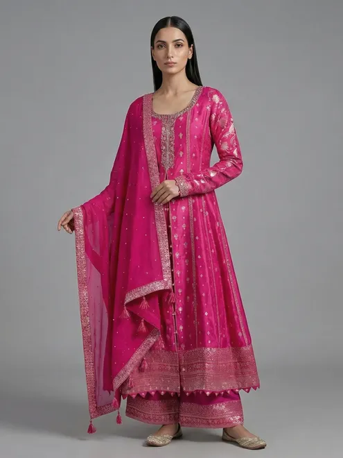 Rani pink silk pakistani anarkali palazzo suit