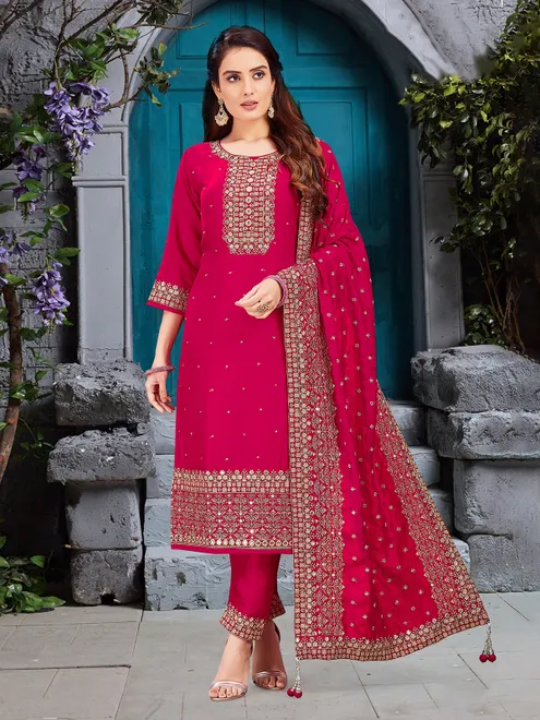 Rani pink silk palazzo suit with dupatta