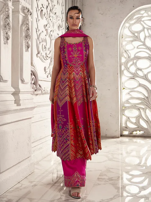 Rani pink silk palazzo suit with mirror and zardosi shine for women