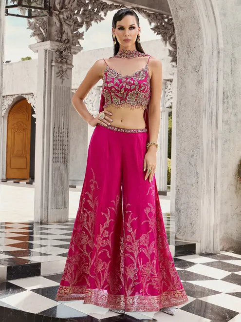 Rani pink silk palazzo suit with pearls and cutdana shine