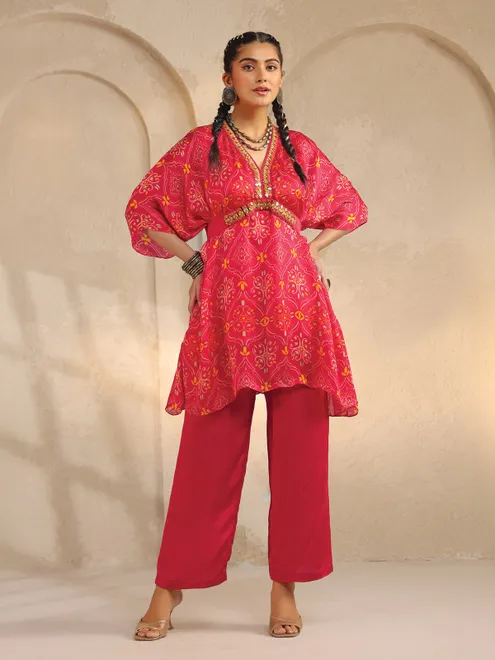 Rani pink silk printed co ord set with aabla