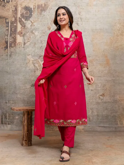 Rani pink silk yoke style kurti set