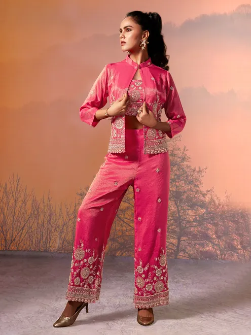 Rani pink tissue silk jacket style palazzo suit