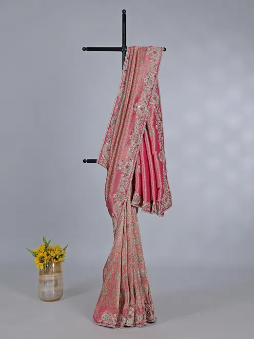Rani pink tissue silk saree for wedding celebration
