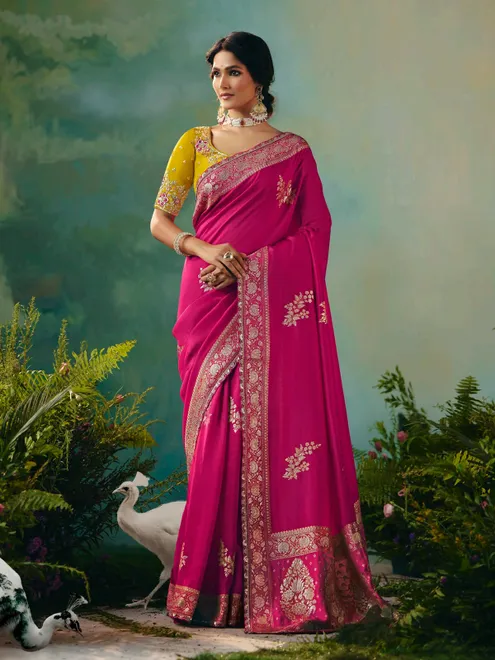 Rani pink viscose dola silk saree with zari work