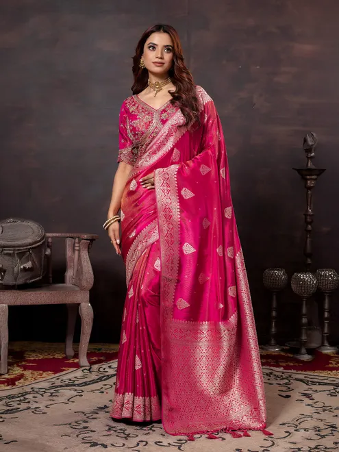 Rani pink wedding wear saree in dola silk