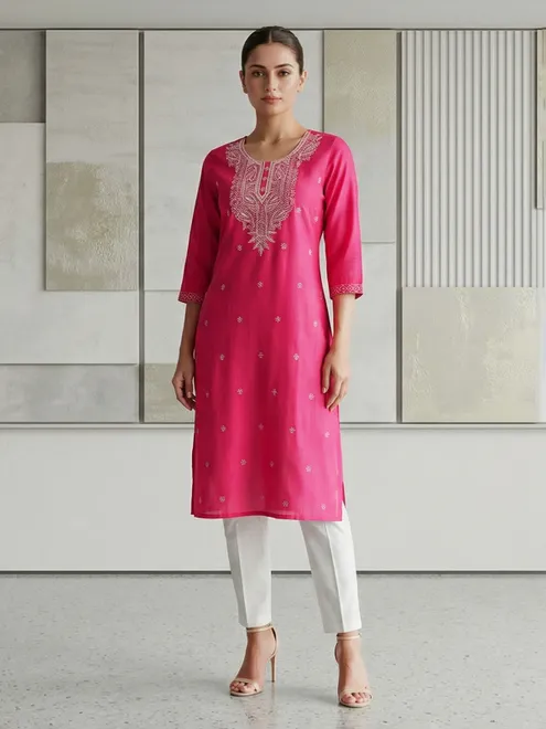Rani pink white embroidered cotton silk kurti