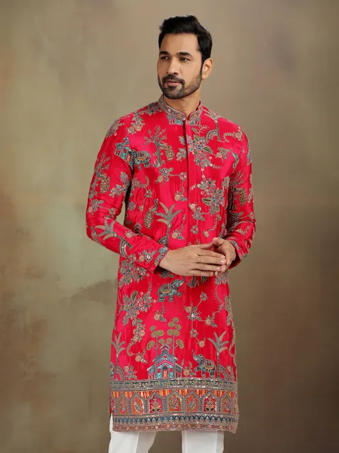Rani pink zardosi silk kurta ensemble