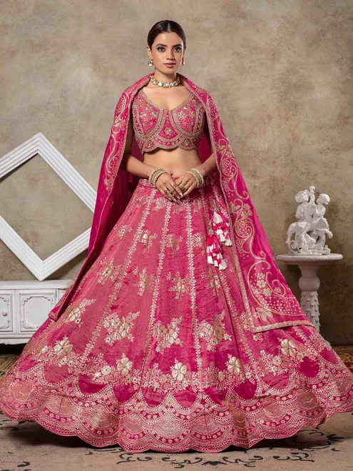 Rani pink zardosi work sleeveless wedding wear lehenga choli