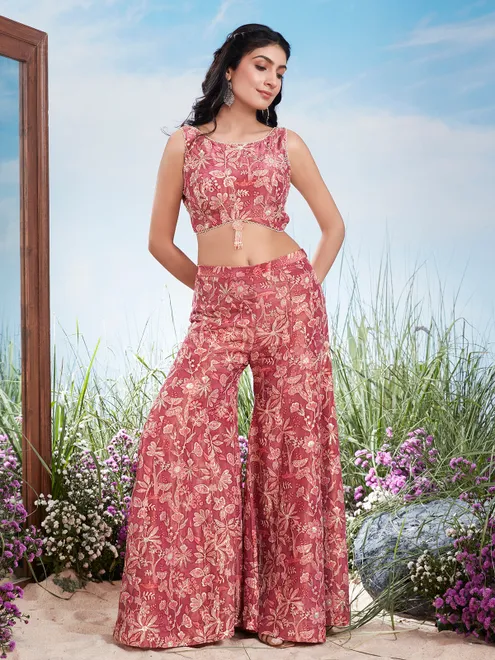 Raspberry pink printed chinon silk palazzo suit