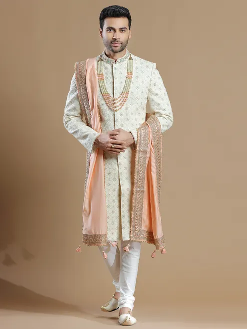 Raw silk fabric cream rich sherwani for groom