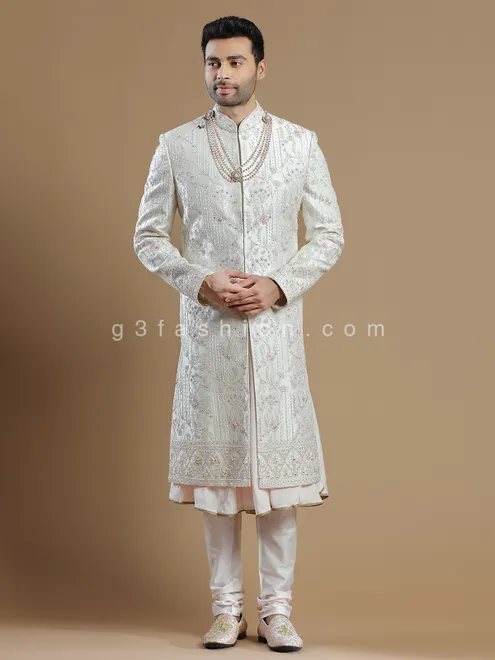 Raw silk groom wear sherwani in off white color
