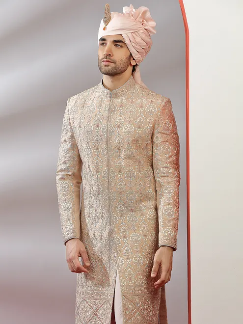 Raw silk groom wear sherwani in peach color