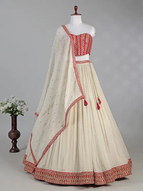 Red and cream silk lehenga choli with sequins work