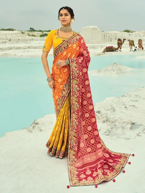 Red and mustard yellow bandhej wedding saree