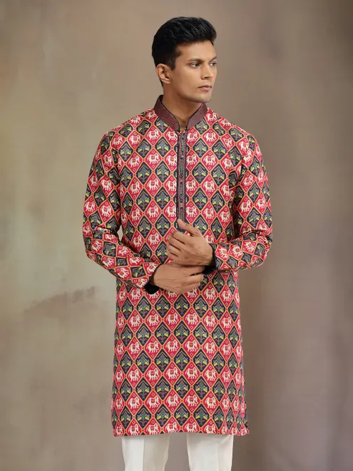 Red and navy brocade silk kurta pajama with print