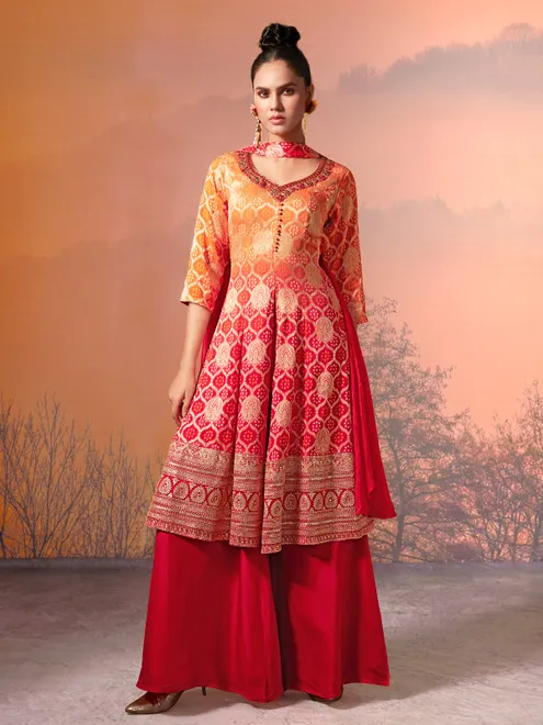 Red and orange bandhej printed silk palazzo suit