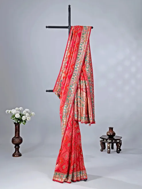Red and pink silk saree with subtle zari highlights