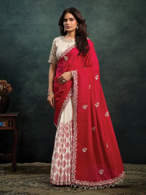Red and white embroidered satin silk saree