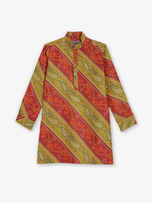 Red and yellow bandhej silk kurta