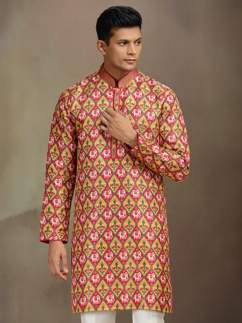 Red and yellow printed brocade silk kurta pajama for festive wear