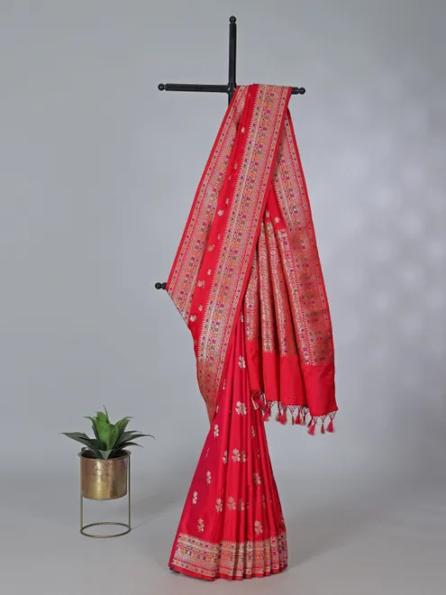 Red art silk festive saree detailed with butta zari work