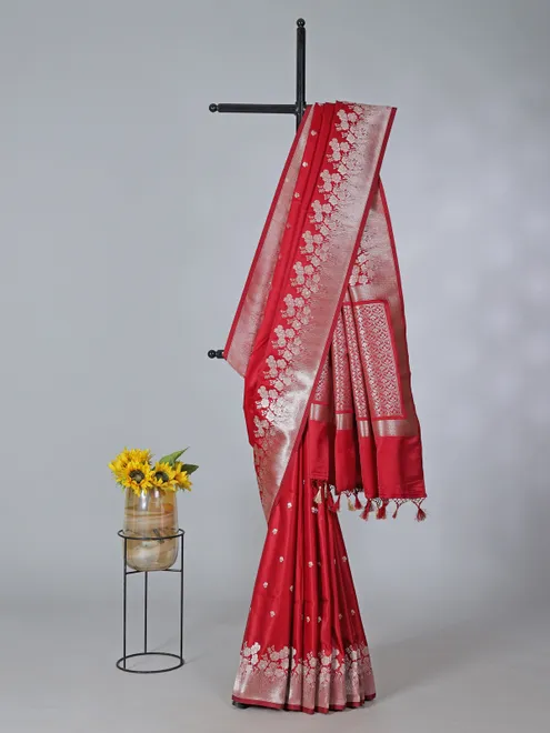 Red art silk zari butti work traditional saree