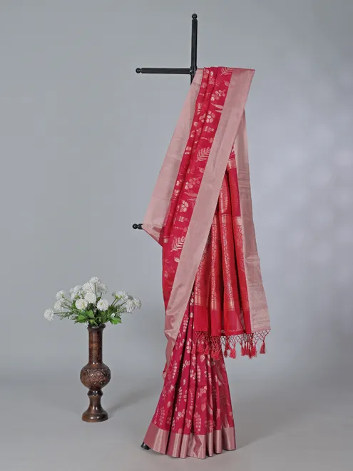 Red art silk zari contrast border festive saree