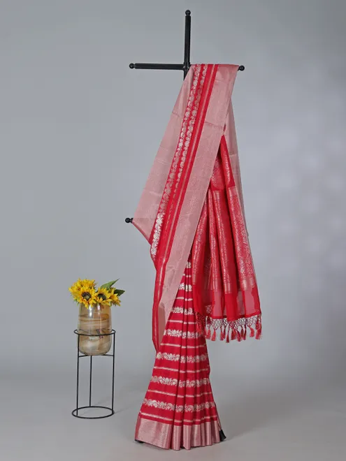 Red art silk zari work saree for celebrations