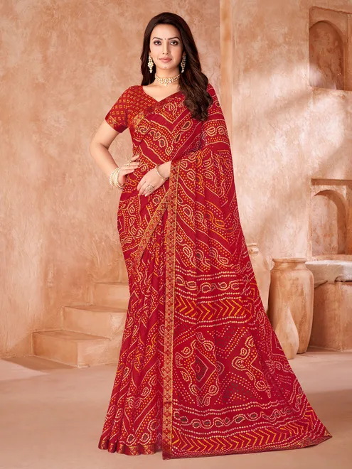 Red bandhani printed chiffon saree for women