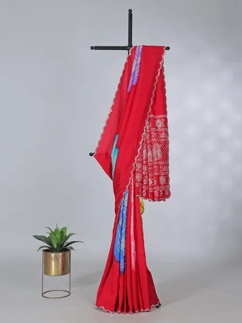 Red bandhej printed muslin silk festive saree
