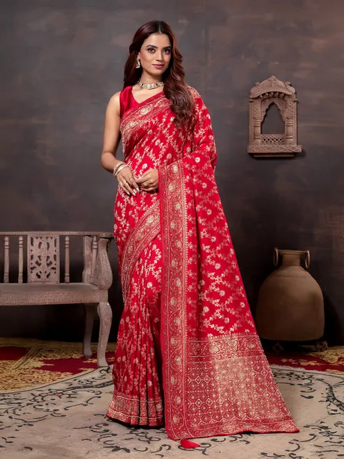 Red beads embellished saree in dola silk