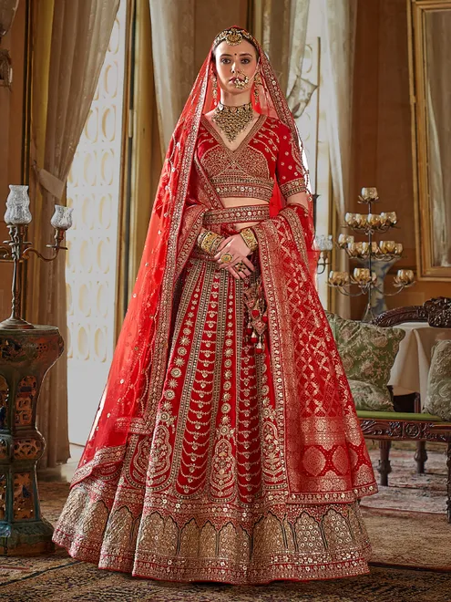 Red bridal silk lehenga choli with two dupatta