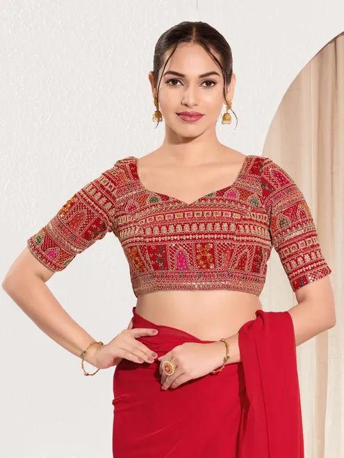 Red brocade blouse with embroidery and sequins work