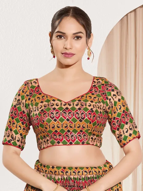 Red brocade printed zari work elbow sleeve blouse