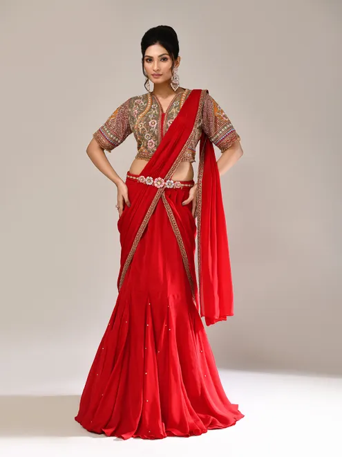 Red chiffon designer embellished lehenga choli