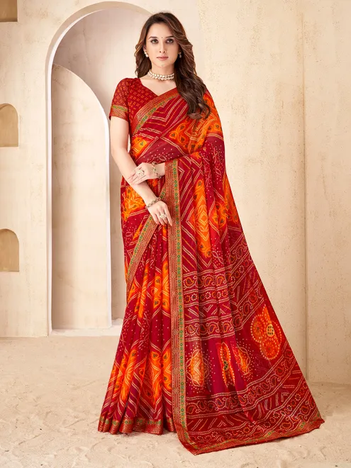 Red chiffon festive wear saree