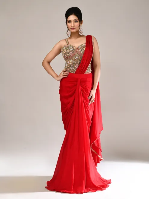 Red chiffon heavy work indo western suit
