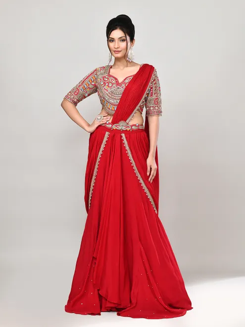 Red chiffon mirror work lehenga choli with attached dupatta
